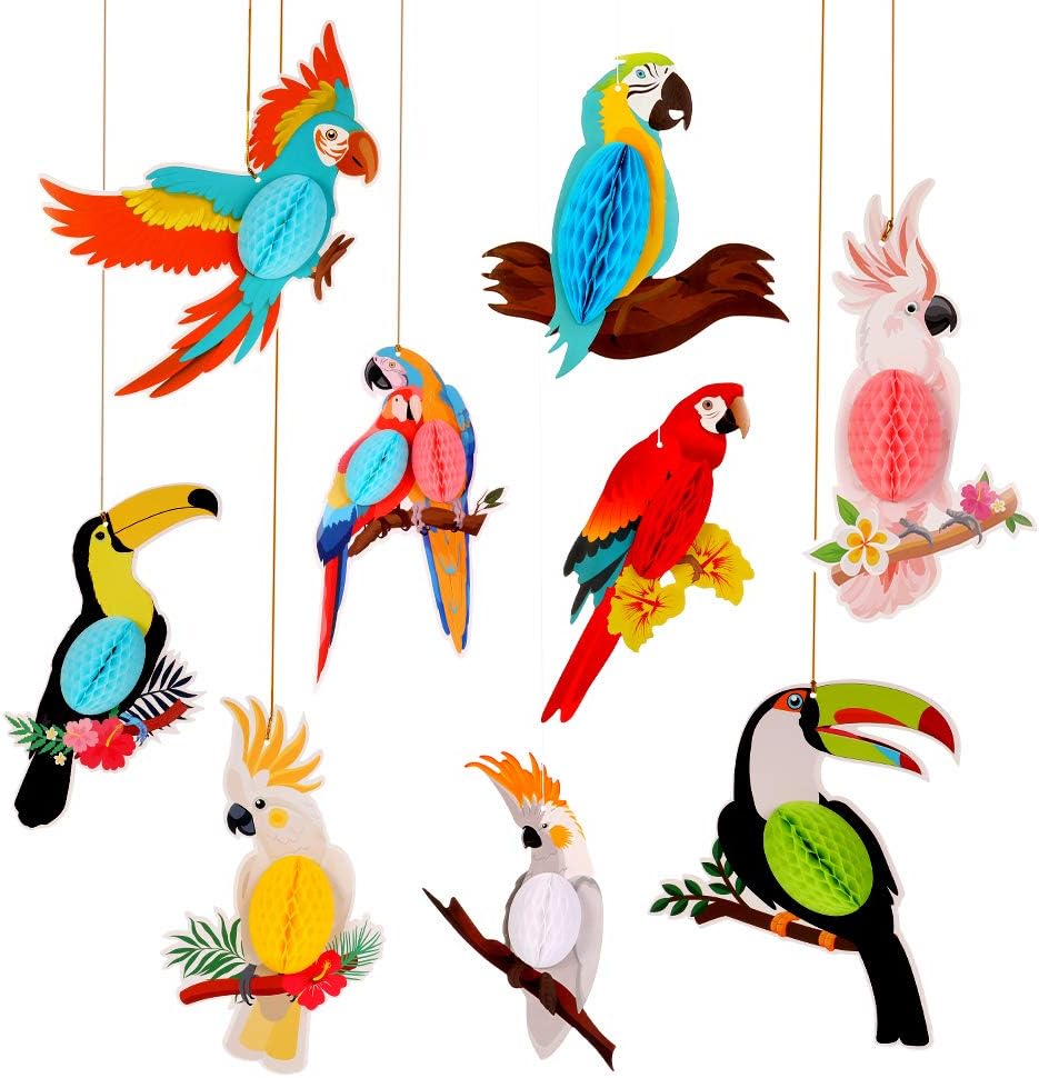 umorismo 9 Pieces Tropical Birds Honeycomb Parrot Paper Cutouts Hawaiian Summer Beach Luau Party Hanging Decorations