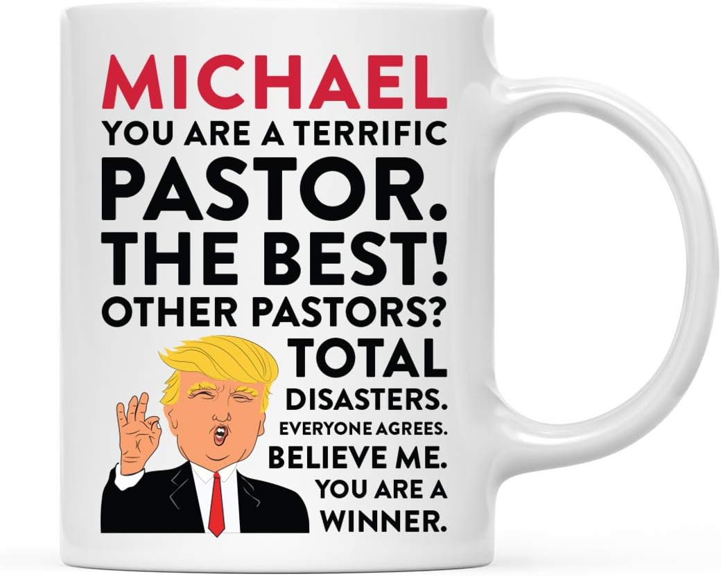 Andaz Press Personalized Funny President Donald Trump 11oz. Coffee Tea Mug Gift, You are a Terrific Pastor, 1-Pack, Custom Coworker Friend Him Her, Gift Box