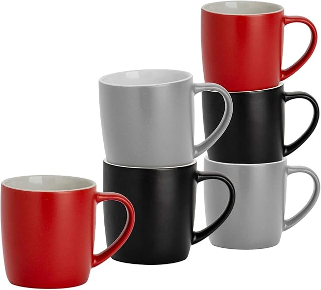Argon Tableware 6 Piece Matt Tea and Coffee Mug Set - Modern Style Porcelain Cappuccino Latte Mugs - Black Red Grey - 350ml