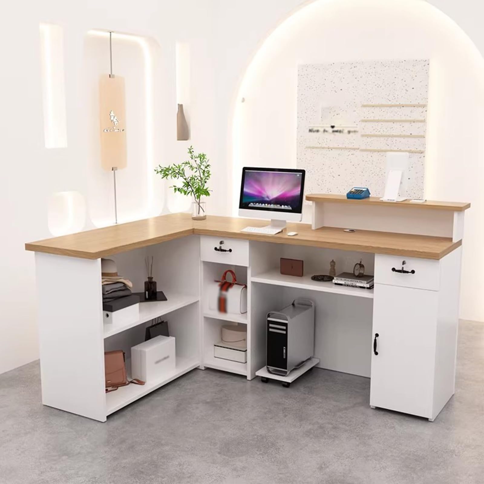 Mostrador de Recepción, Mesa de Mostrador con Cajones De Almacenamiento Y Estantes Abiertos, para Salones(Wood+Off-White righ,180cm)