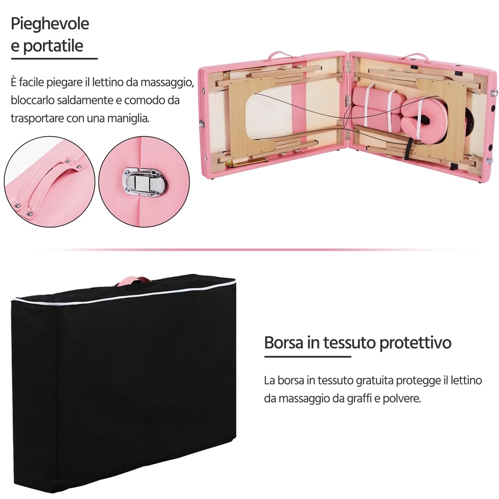 Yaheetech Lettino da Massaggio Portatile a 3 Zone Pieghevole in Legno Faggio 213 x 57 cm Altezza Regolabile con Poggiatesta Rosa