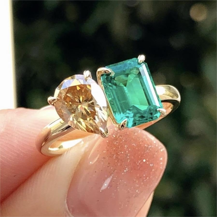 14K Gold Plated Women's Engagement Double Stone Ring Emerald and Pear Cut Champagne Eternal Cubic Zirconia Wedding Promise Ring （Size 10）4
