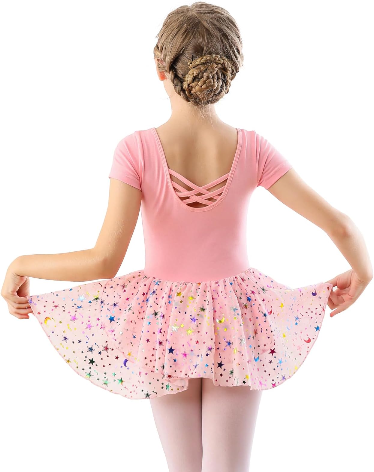 DANSHOWChildren's Ballet Clothing Girls Dance Dresses Girls Short Sleeve Ballet Leotard Ballet Suit Dance Dress with Chiffon Skirt