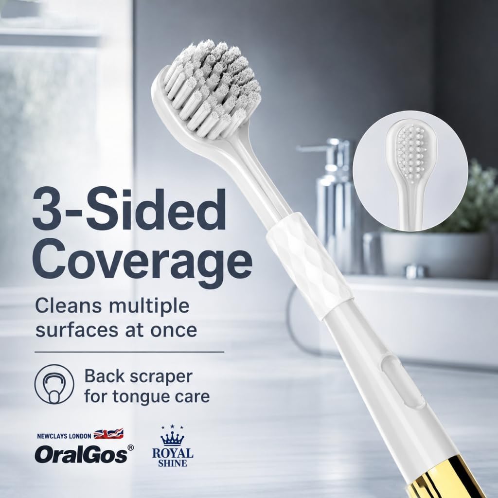 OralGos 3-Sided Toothbrush Set for Adults | Extra Soft Spiral Bristles, Non-Slip Handle