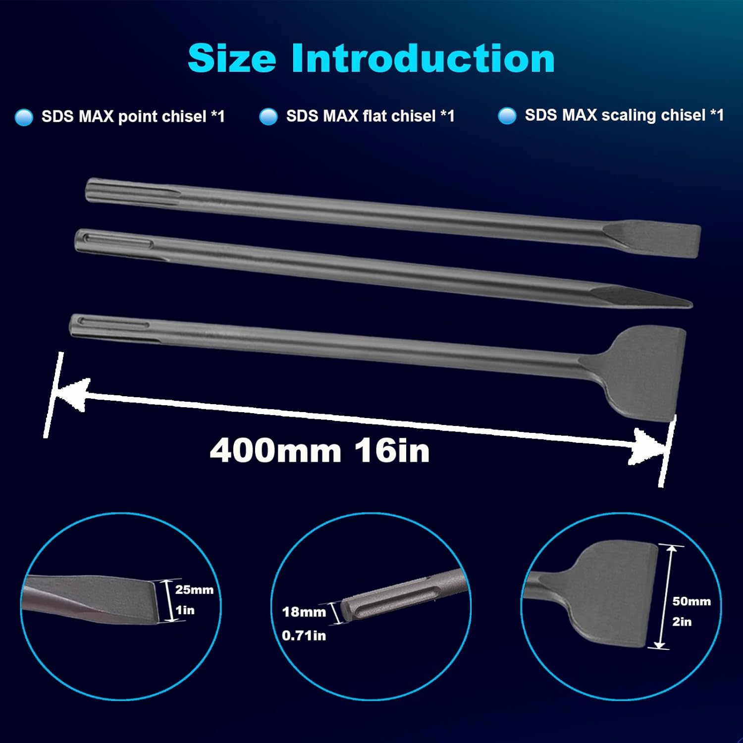 16-Inch SDS Max Chisel Set, Flat Chisel 1" (25MM) Width, Point Chisel, Scaling Chisel (50MM) Width, Ideal for Concrete Demolition, Tile Removal Tool for SDS-Max Hammer Drill Attachment