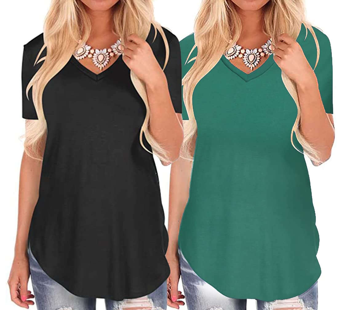 ELFIN 2 Packs Womens T-Shirts Short Sleeve V Neck Pleated Tunic Tops Casual Blouse Shirt
