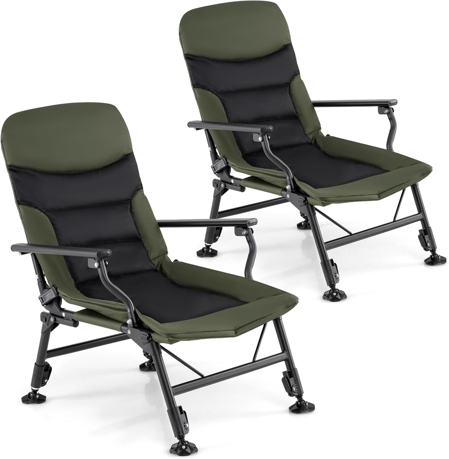 Goplus Oversized Foldable Fishing Chair for Adults, 2 Pack Heavy Duty All-Terrain Camping Chair with Padded High-Back, Armrest, Adjustable Feet, Portable Recliner for Outdoor Patio Beach Garden