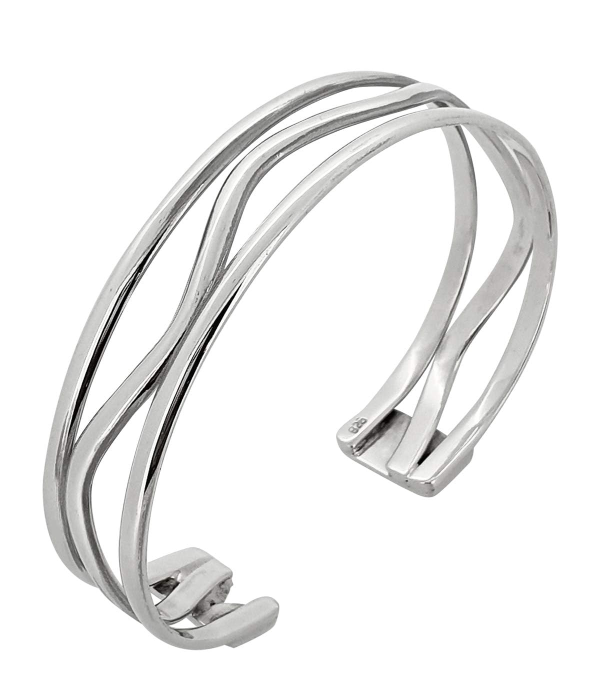TreasureBay Damen 925 Silber Armspange | Breiter Silber Cuff Armreif | Glänzend Polierter Offener Armreif | Verstellbares Armband Geschenk für Sie