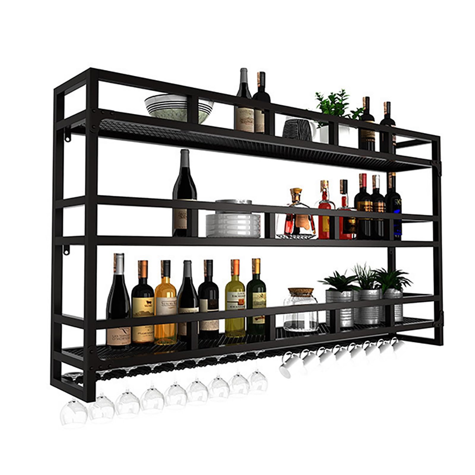 Rangement bouteille de vin mural noir avec étagère support bouteilles design