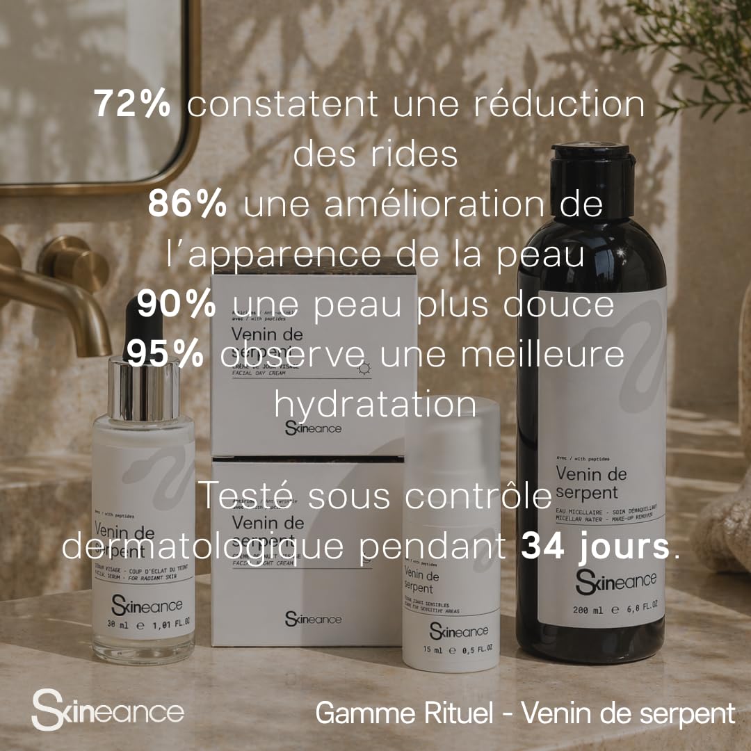 Skineance - Gamme Rituel Venin de Serpent | 5 Produits Soin Visage Anti-âge | Crème Jour 50 ml + Crème Nuit 50 ml + Eau Micellaire 200 ml + Sérum 30 ml + Sérum Zones Sensibles 15 ml | Coffret beauté