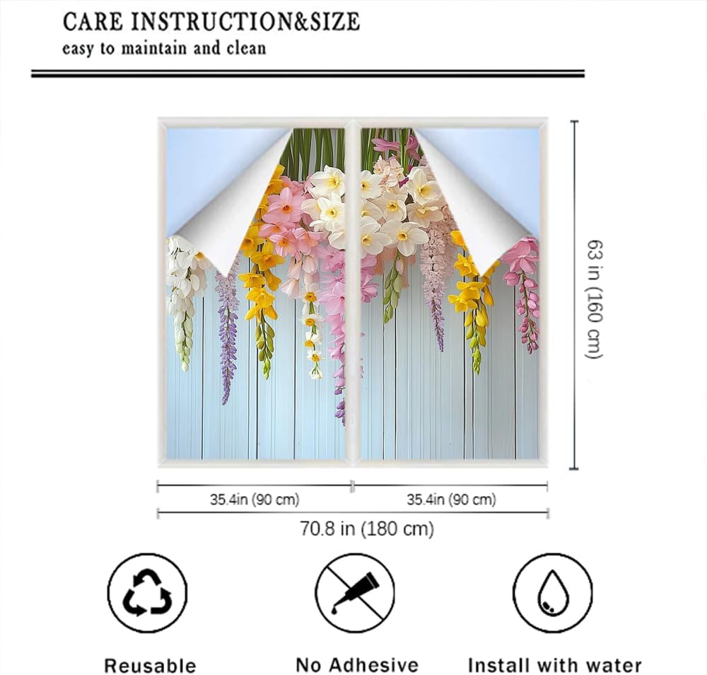 Rustic Flowers Window Privacy Film Modern Beautiful Garden Spring Plants Hanging Stained Glass Window Film Decorative Window Sticker for Home Window&Glass Door, Sun Blocking 35.4Wx63L inch x 2pcs