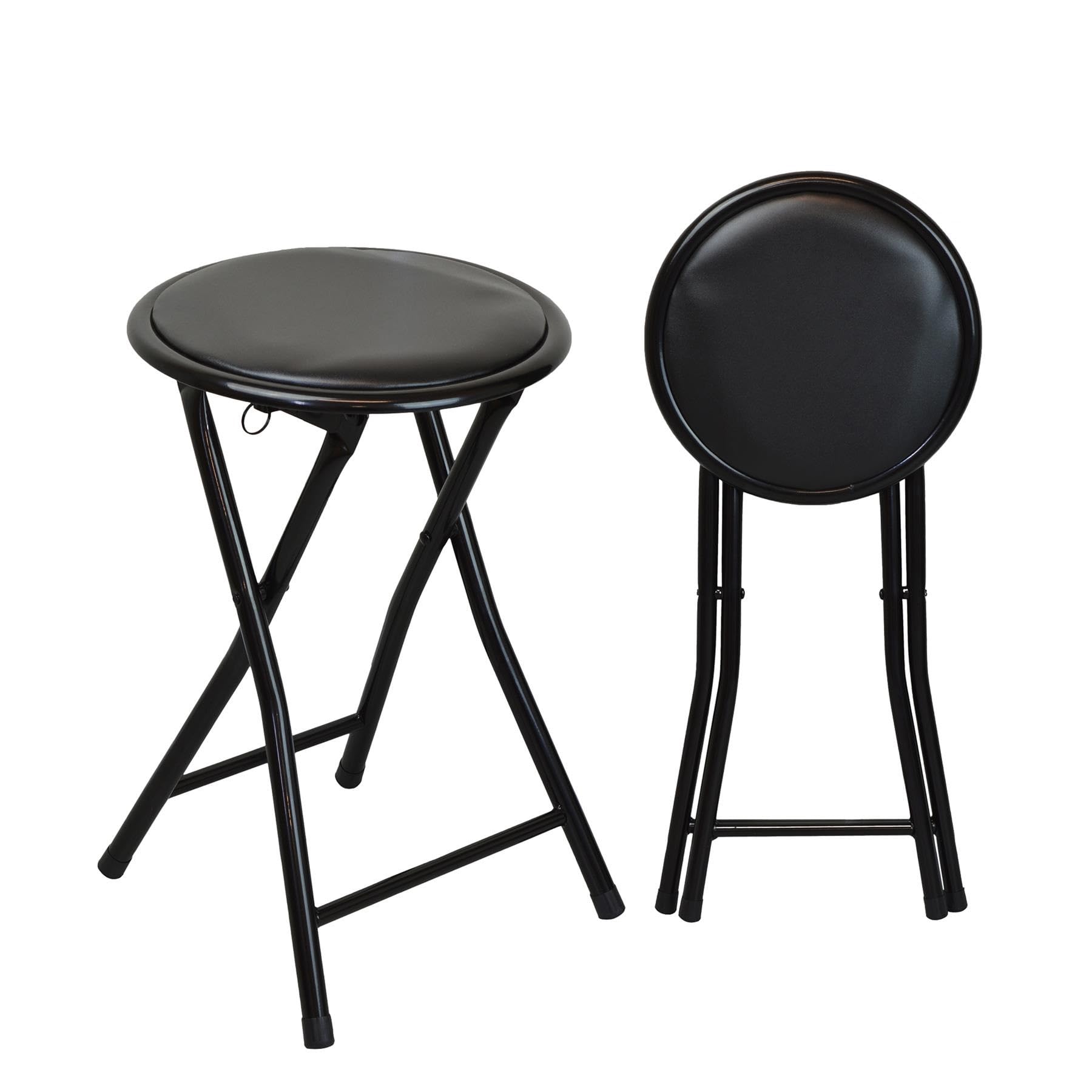 Harbour Housewares Black Padded Folding Stools - Pack of 2 - Easy Store Metal Frame Sponge Padded Stool with Floor Protector Bumper Feet Lightweight Foldable Seat for Kitchen Bar, Breakfast Bar