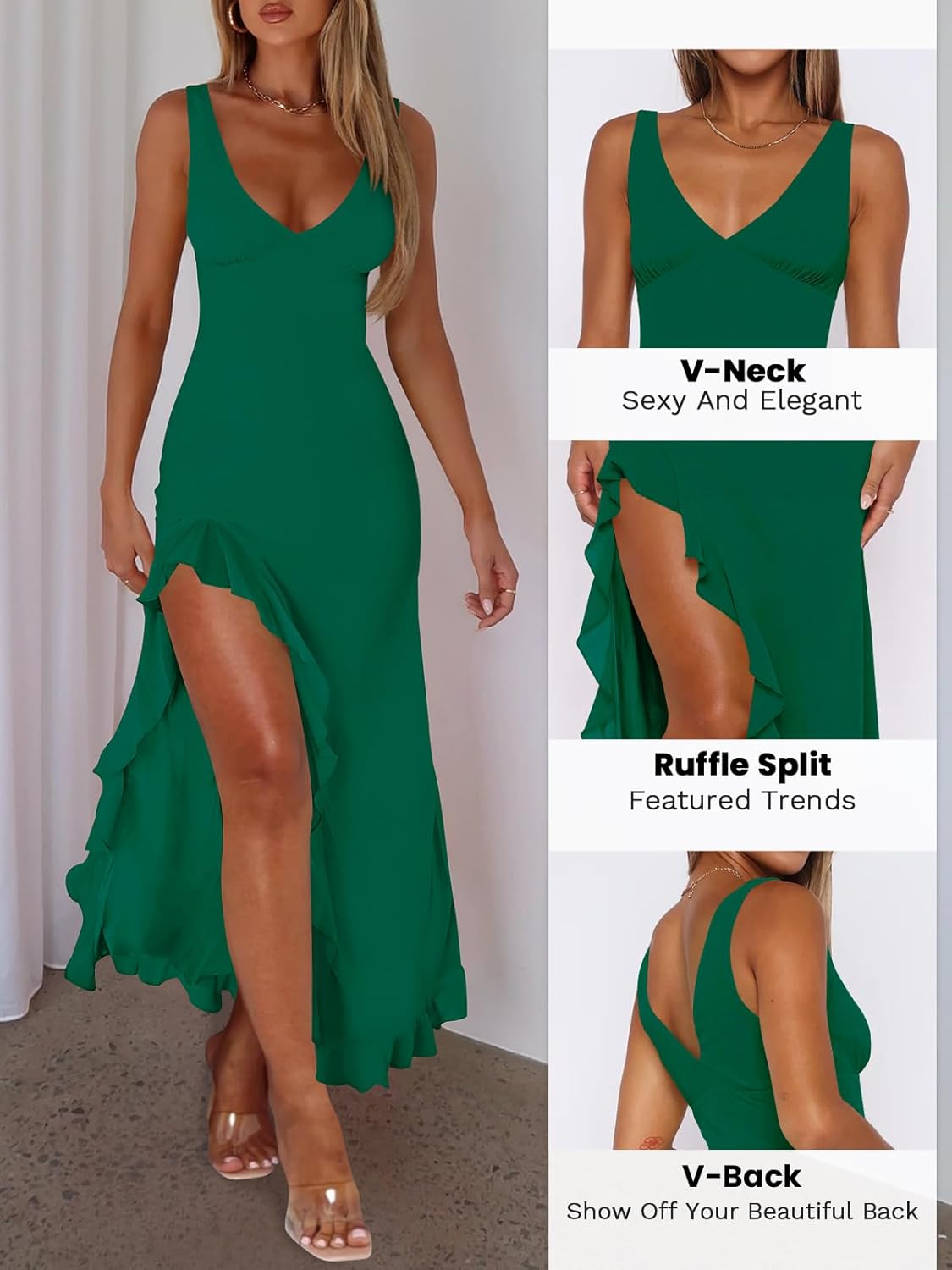 Women Sexy V Neck Sleeveless Mesh Ruffle Hem Bodycon Maxi Casual Backless High Slit Cocktail Party Dress - Image 3