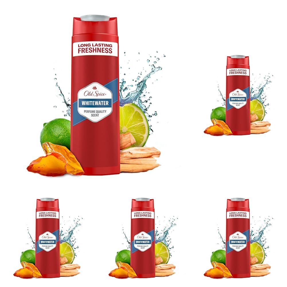Old Spice Whitewater 3-in-1 Duschgel & Shampoo für Männer (250 ml), Körper-Haar-Gesichtsreinigung Männer, lang anhaltend Frisch, Zitrone, Sandelholz und Amber (Packung mit 5)