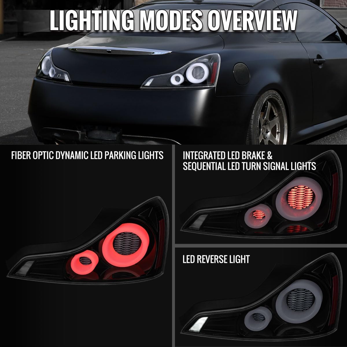 Ronnin - Fits 2008-2013 Infiniti G37 Coupe 2014-2015 Infiniti Q60 Coupe Upgraded Replacement Full LED Tail Lights Animated Startup Effect + Sequential Signal Lamps Assembly Pair | Gloss Black | White