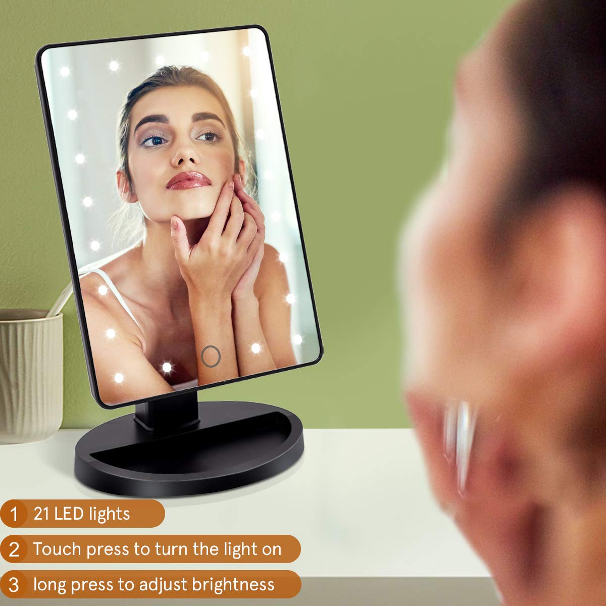 BUENOLIFE Makeup Mirror with Lights, Lighted Vanity Mirror with 21 Led Tabletop Mirror Light Adjustable, Dual Power Cosmetic Mirror with Touch Screen Dimming, Detachable 10X Magnification-Black : Beauty & Personal Care