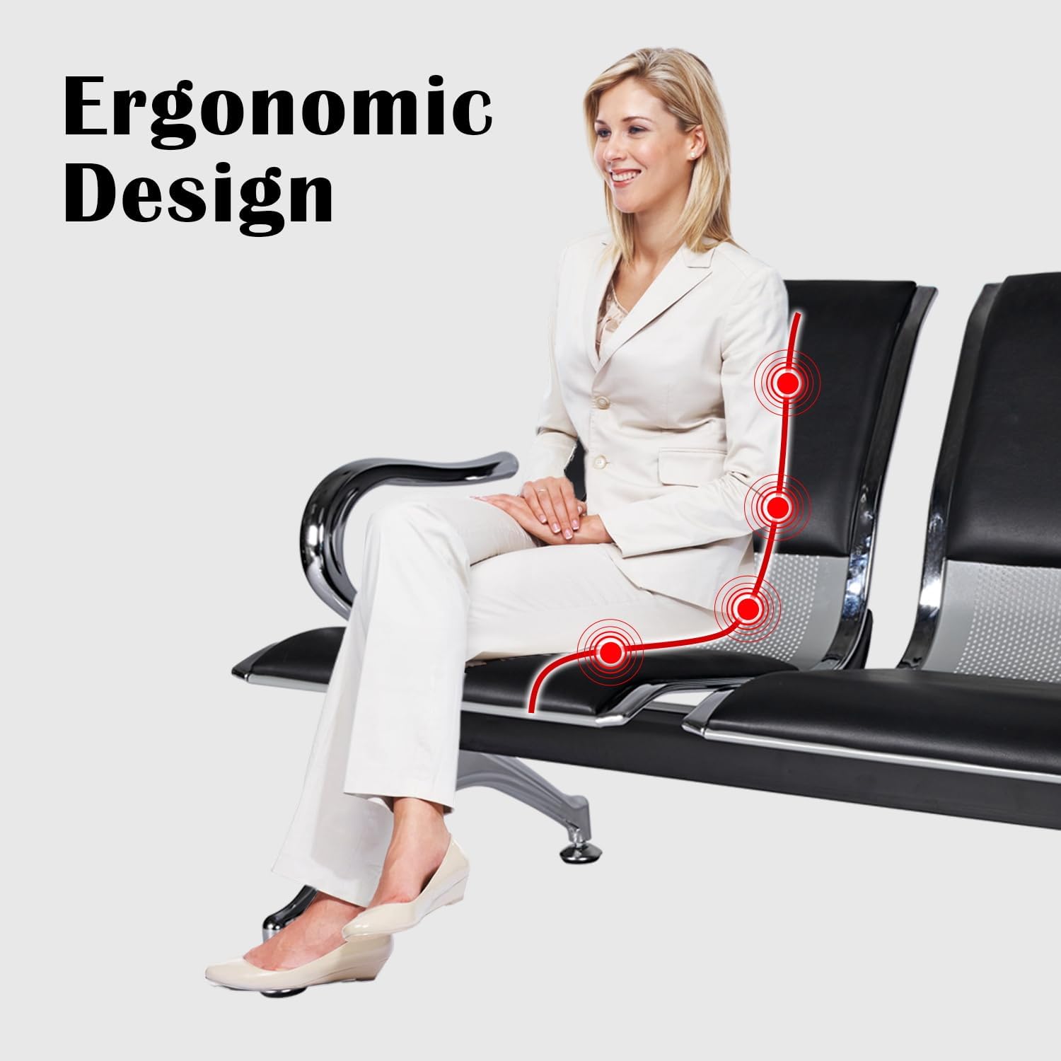 kinbor Waiting Room Chairs - Durable PU Leather Reception Bench with Armrests, 3-Seat Office Reception Guest Chairs for Office, Hospital, Airport, Bank & Lobby, Black​