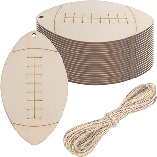 20pcs Football Wood DIY Crafts Cutouts Wooden Football Shaped Hanging Ornaments Wood Tags with Jute Twines for DIY Project Sport Themed Party Decorations