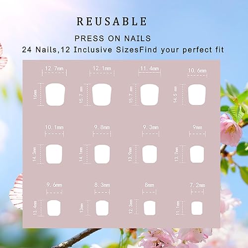 Miniatura 5 de Uñas postizas cortas de punta francesa blanca a presión, uñas postizas cuadradas con diseños de flores, uñas acrílicas brillantes, cobertura