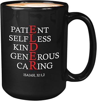 Religious Coffee Mug 15 oz, Patient Selfless Kind Generous Caring Christian Catholic Gift For Grandparents Grandma Grandpa, Black