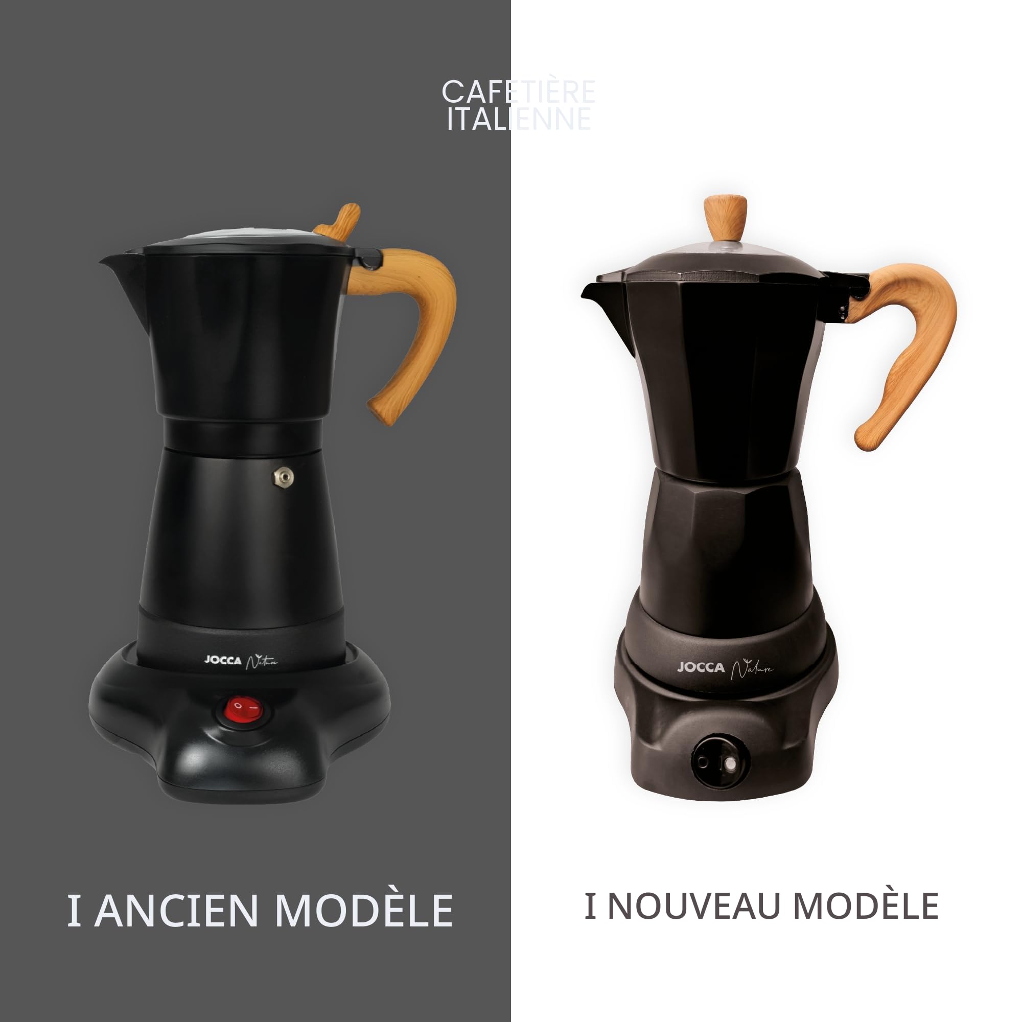 Jocca, Cafetière italienne électrique en aluminium, 6 tasses, machine à café portable et manuelle avec manche en bois, noire, machine à café de style moka, Total Noir
