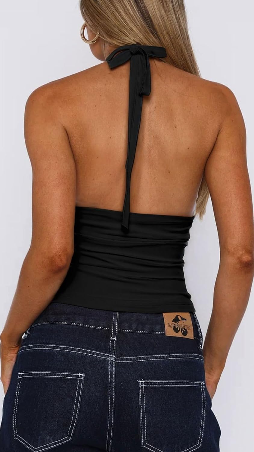 Women Metal Ring Halter Tank Top Dressy V Neck Basic Shirt for Club Night - Image 4