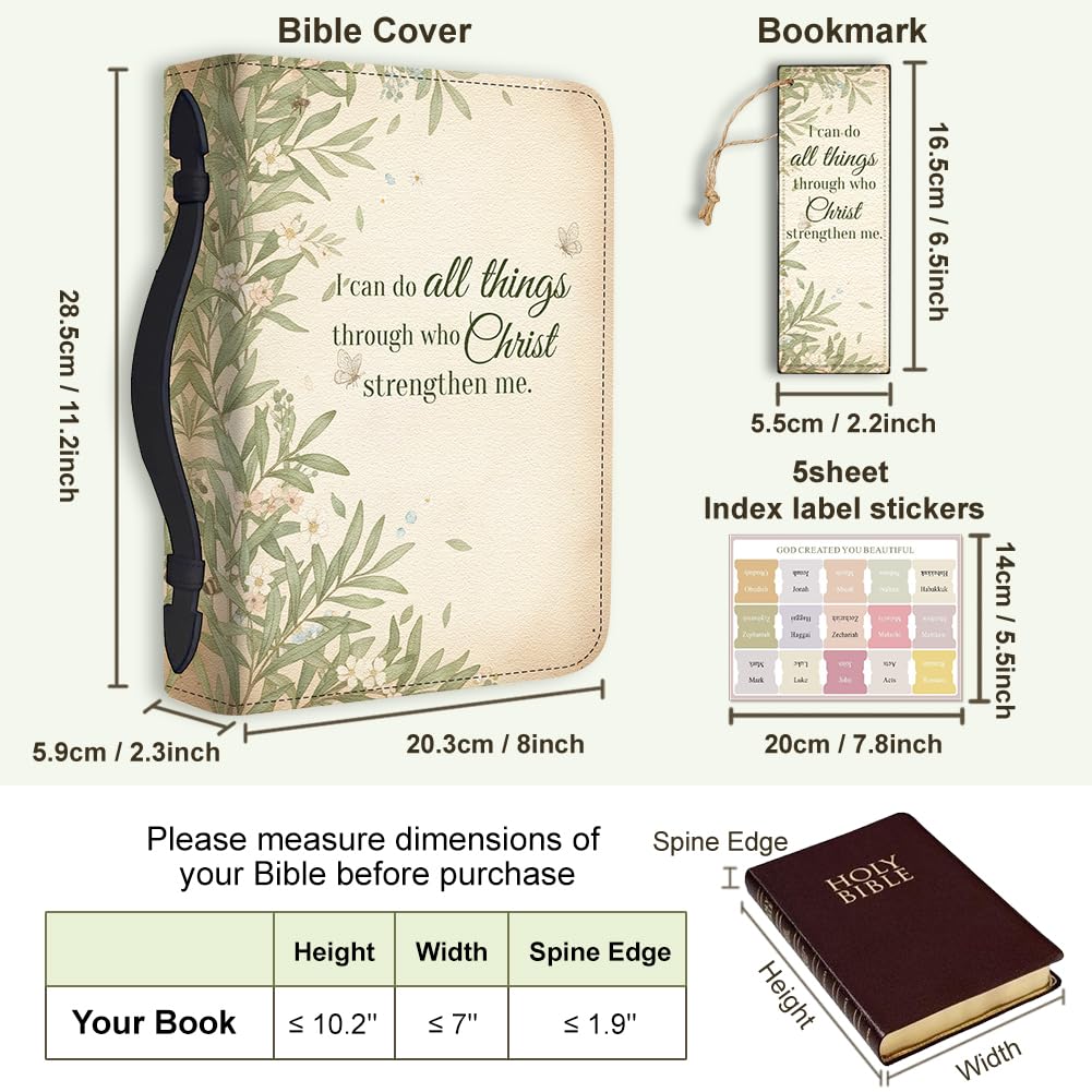 Hobbspring Bible Holder Case for School Office Olive Tree Bible Protective with Handle Bookmark Butterfly Bibles Cover with Zipper and Label Stickers for Students Adults Green PU Leather Bag - Image 2