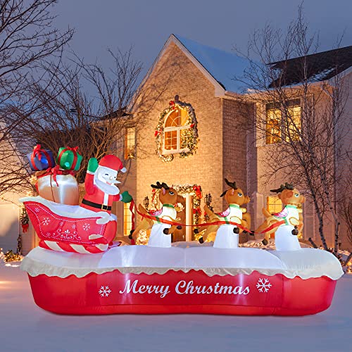Coolwufan 10 Ft Christmas Inflatables Outdoor Decorations Santa Claus On The Sleigh With Cute Elks, Blow Up Inflatable Yard Decoration Clearance With Lights For Christmas Party, Outdoor, Garden Lawn #TOP7