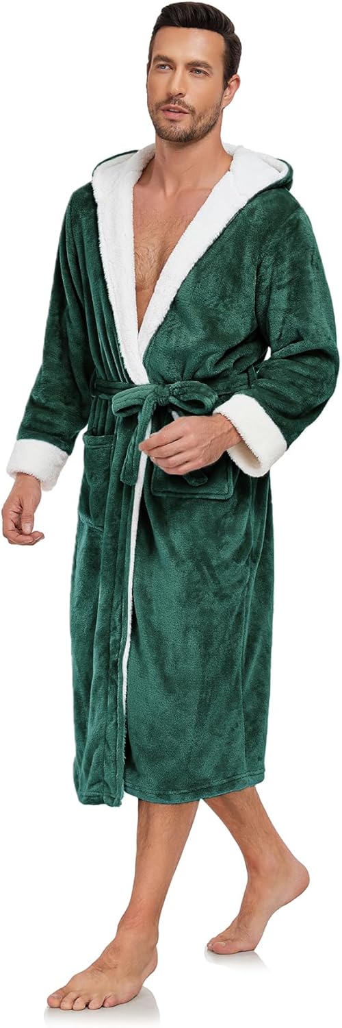 RONGTAI Hooded Mens Bathrobe, Soft Plush Long Fleece Robe, Full Length, Comfy Nightdress - Image 2