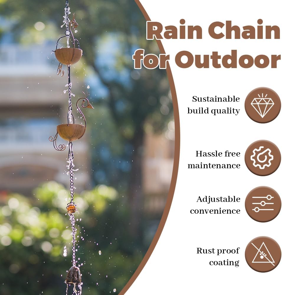 10.1ft Rain Chain for Outside, Rain Chain with 12 Peacock Cups, Adjustable Rain Catcher Chain for Outside, Replacement Downspout for Gutters, Eaves, Drainage
