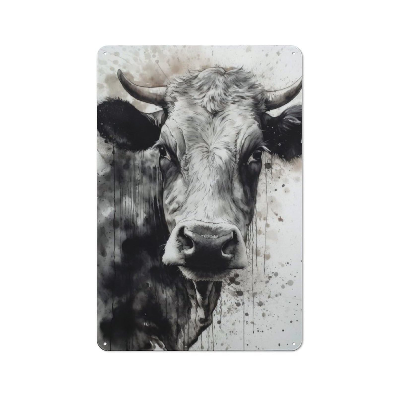 Junmoney Cow Black Ink Watercolor Tin Wall Plaque 30X20cm With For Home Bar Wall, For Hosts Who Enjoy Retro Interiors