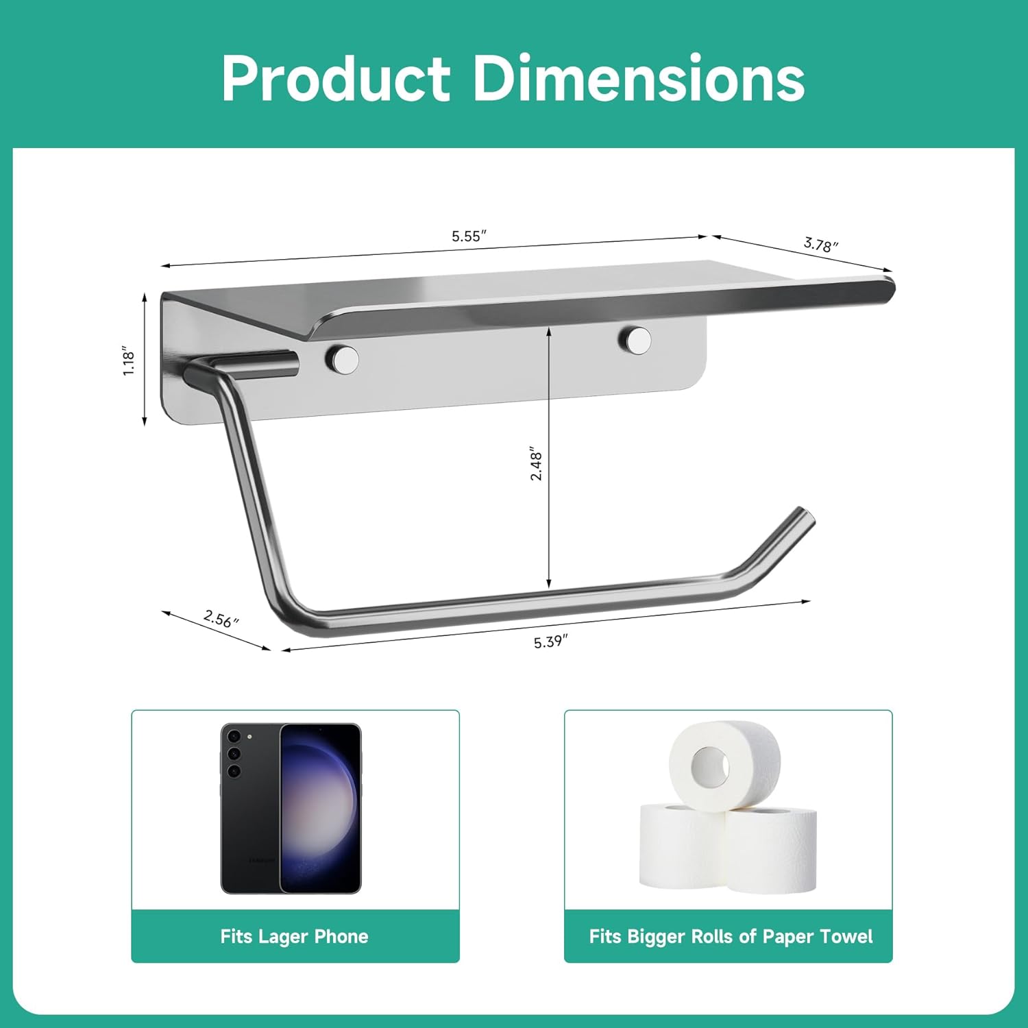 Toilet Paper Holder with 5.5'' Shelf, 304 Stainless Steel Screw Wall Mounted Toilet Tissue Roll Holder, Rustproof & Multifunctional Bathroom Storage Dispenser