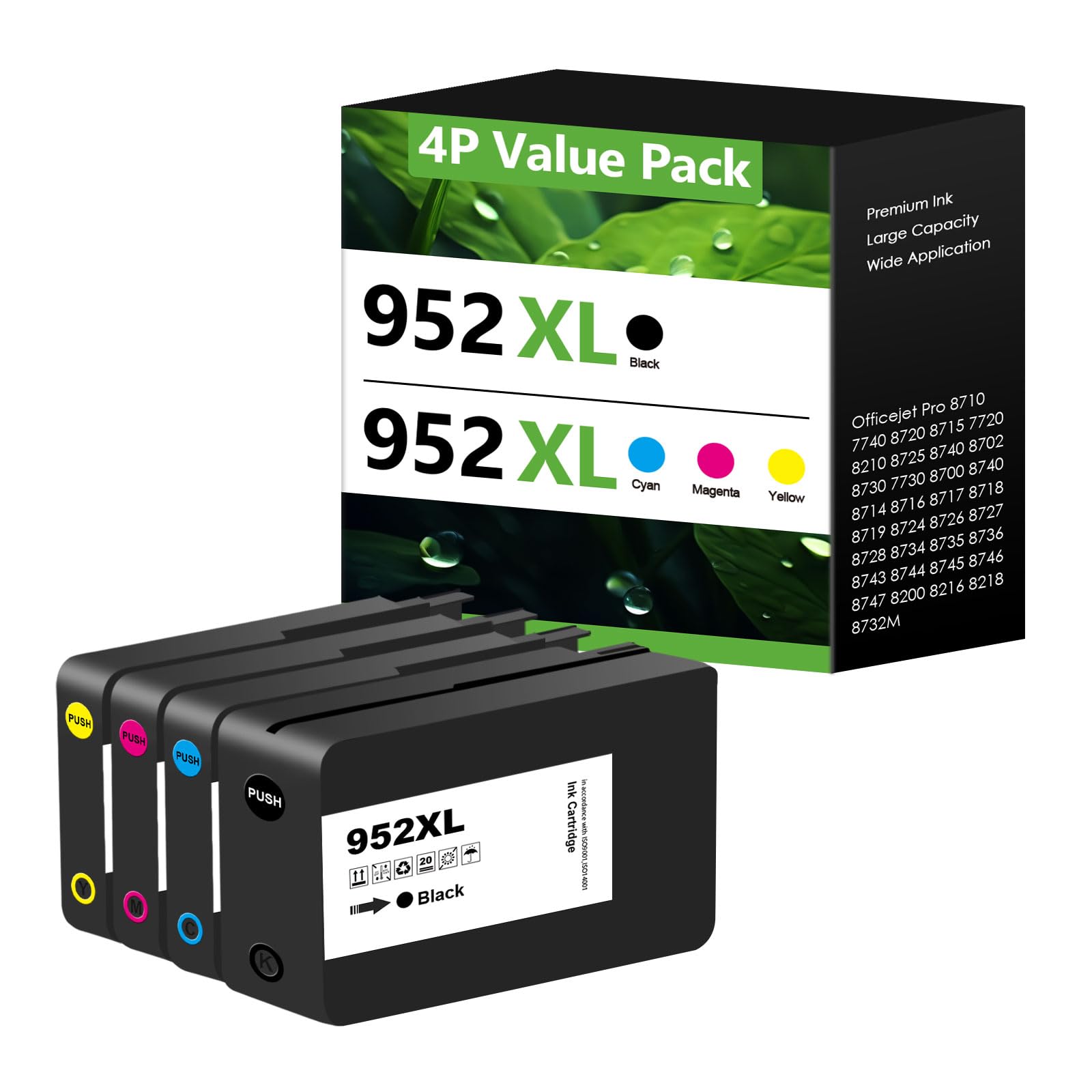 952XL Ink Cartridges Replacement for HP 952XL Ink Cartridges Combo Pack 952 XL for Officejet Pro 8720 8710 8715 8740 8730 8210 8725 8702 7720 8216 8700 8200 8716 (BK C M Y)