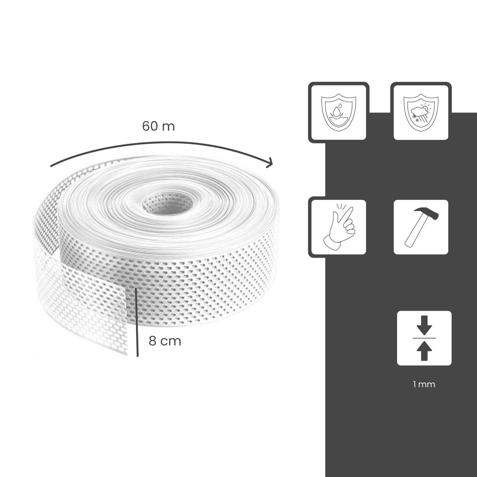 Fassadenprofile Griglia di ventilazione a nastro 60m x 80mm Bianco in PVC – griglia aerazione e strisce anti piccioni per tetto e facciata