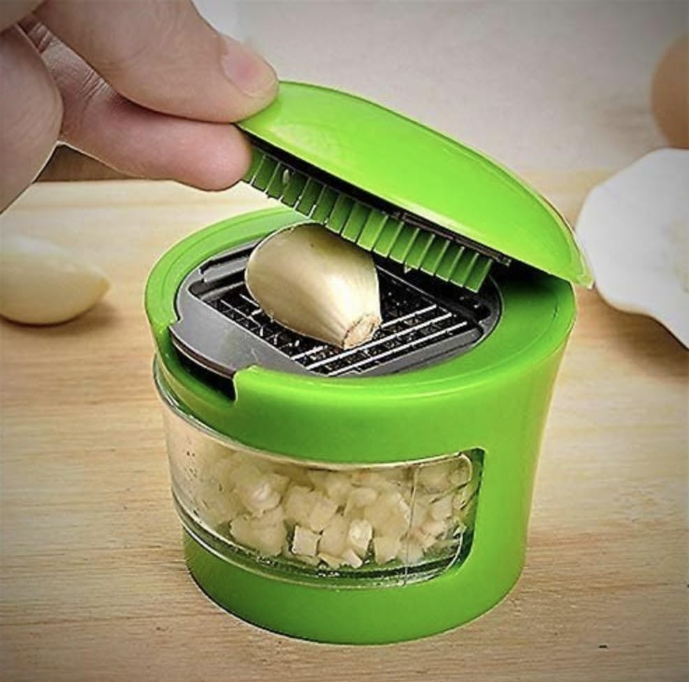 Image of Garlic Chopper, 2PCS Garlic Presses, Stainless Steel Blades Cutter, Crusher, Mincer, and Storage Container - Includes 1PCS mini Brushes - Suitable for Both Home and Camping - (Green)