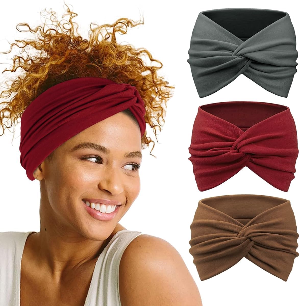 MAYCREATE® 3pcs Wide Hair Band for Women, Headband for Women Girls, Stretchy Hair Bands for Women, Twisted Knots Hair Wrap, Soft Dacron Turban Head Bands for Face Clean, Makeup, Yoga, Workout