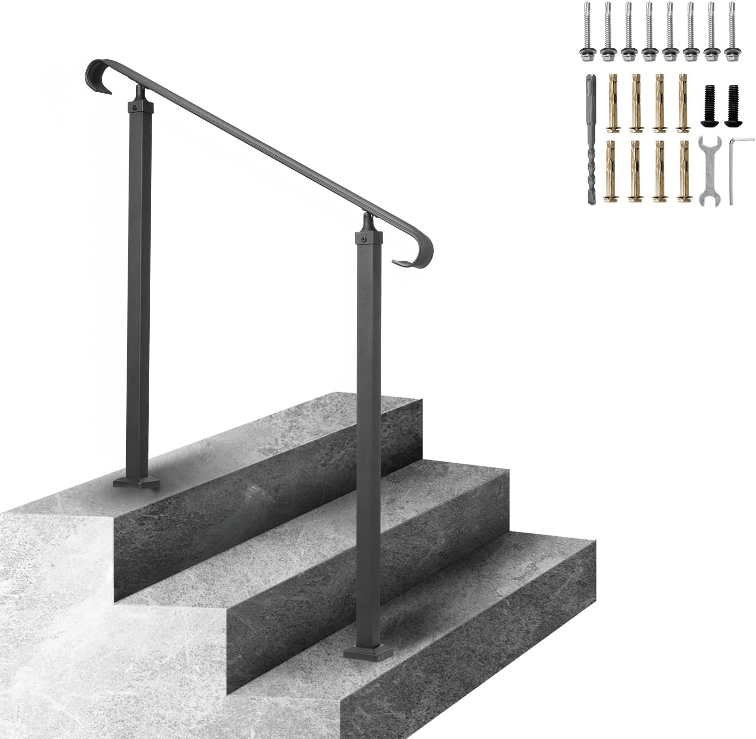 VEVOR Handrail for Outdoor Steps, 2-3 Steps Flat Outdoor Handrail, Adjustable Wrought Iron Staircase Handrail, Thickened Stair Railings for Porch Railing, Deck Handrail