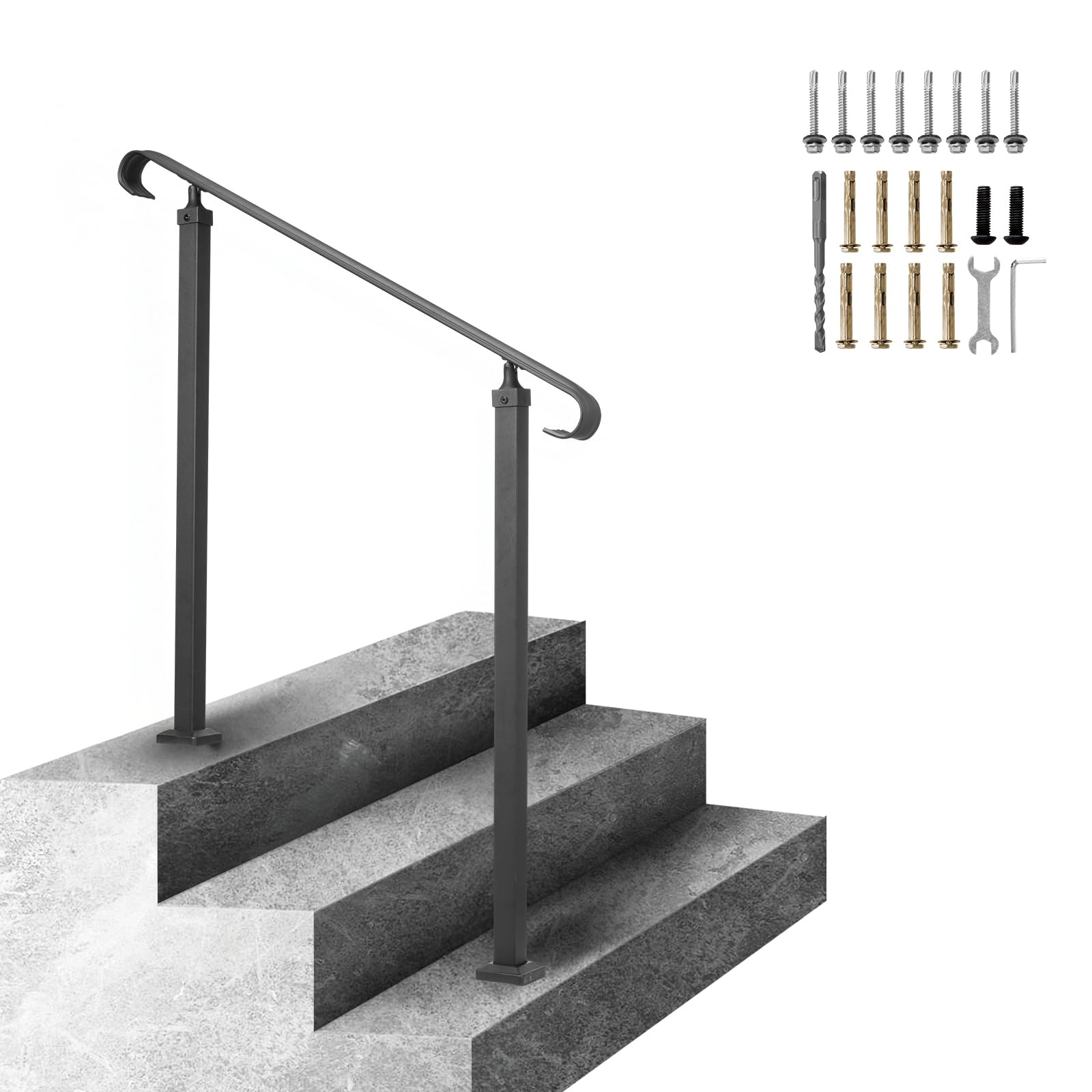 VEVOR Handrail for Outdoor Steps, 2-3 Steps Flat Outdoor Handrail, Adjustable Wrought Iron Staircase Handrail, Thickened Stair Railings for Porch Railing, Deck Handrail