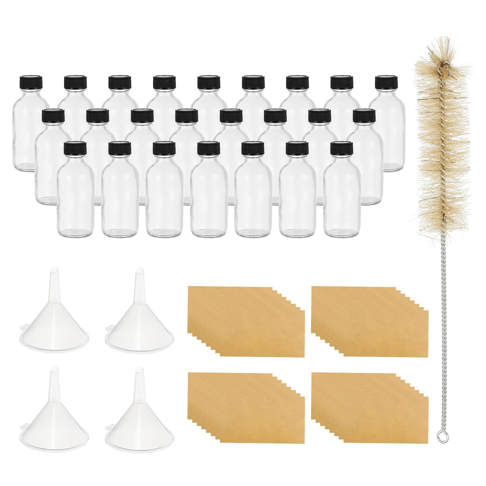 PATIKIL Frasco De Vidrio Para Muestras De Onzas Pcs Frasco Redondo Con Tapa Negra De Pcs Pincel Para Líquidos Jugo De Transparente 2 (60ml), 24 Policono, 4 Embudo, 32 Etiquetas.
