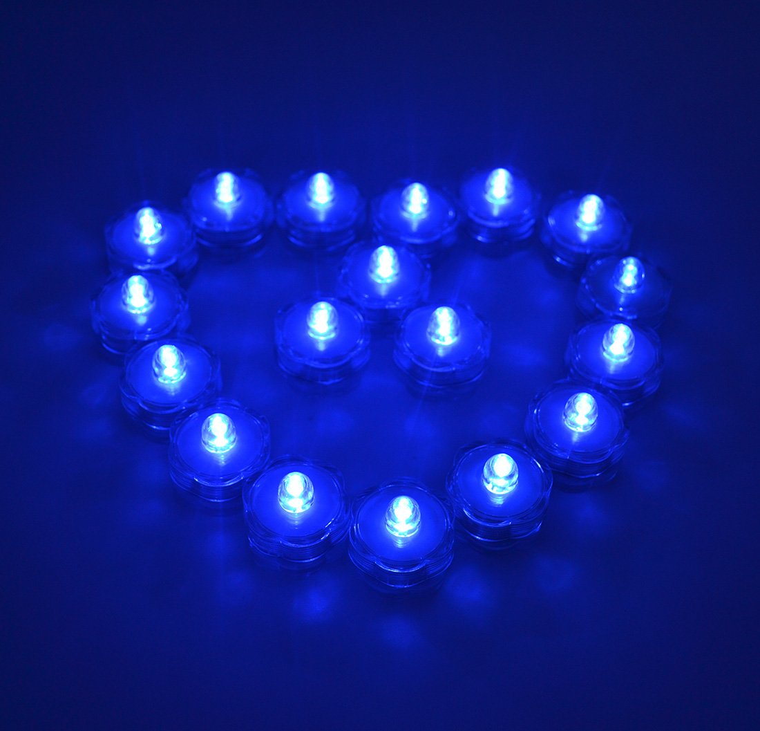 SAMYOWaterproof Wedding Submersible Battery LED Tea Lights Underwater Sub Lights- Wedding Centerpieces Party Decorate Flower Shape (Blue, 24 Pack)