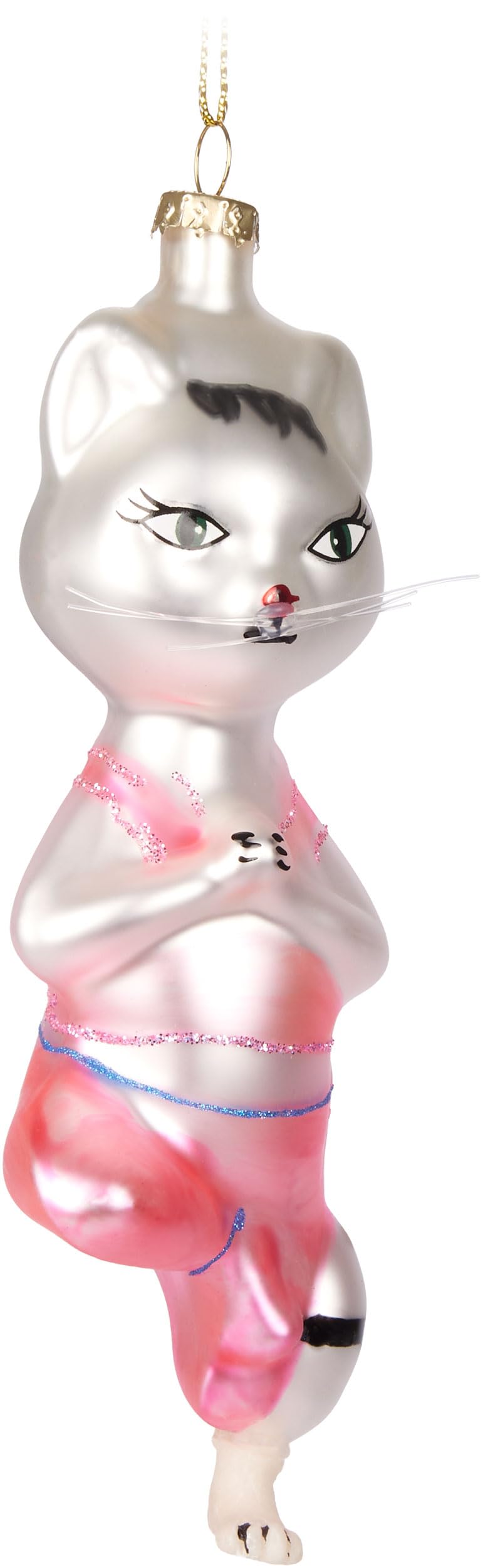 BRUBAKER Yoga Cat – Glass Christmas Bauble - Hand-Painted and Mouth-Blown - Humorous Tree Decoration Figure - Funny Hanging Ornament – Pink and Silver - 5.7 inches (14.5 cm)