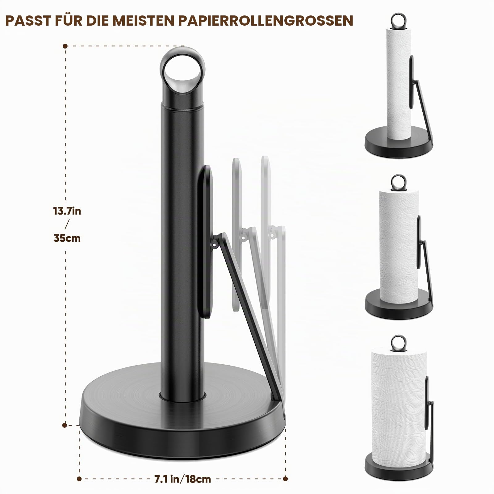 theaoo Robuster Edelstahl-Papierhandtuchhalter mit Spannarm, einfaches Einhandreißen, moderner stehender Arbeitsplattenspender für die Küche, hält alle Papierhandtuchrollen (1, Schwarz)
