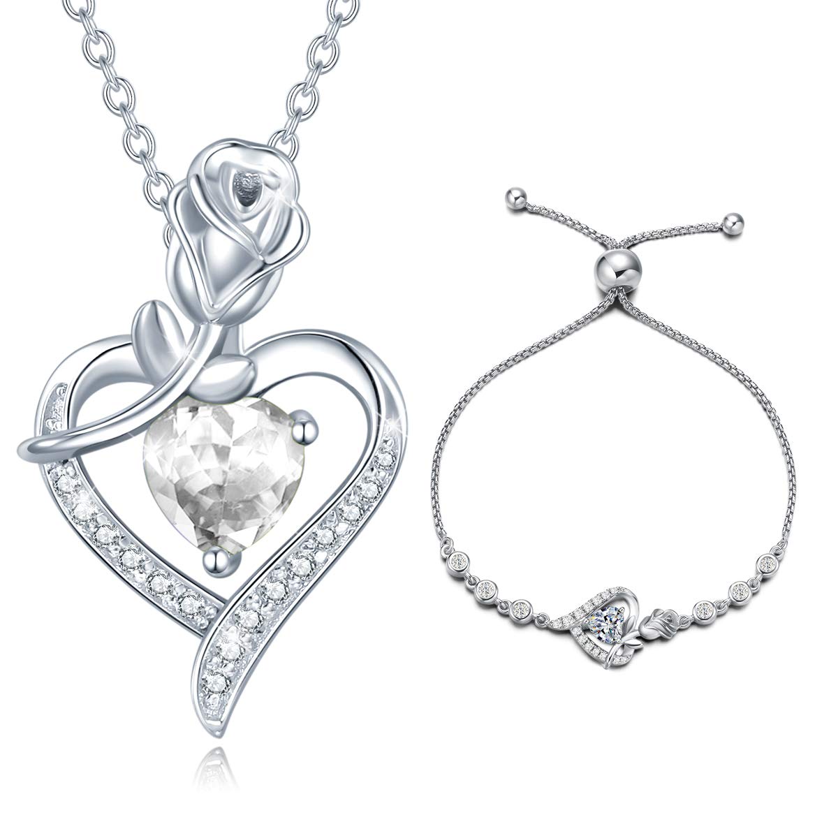 AGVANAFine Jewelry April Birthstone Necklace Bracelet for Women Sterling Silver Simulated Diamond CZ Rose Flower Heart Pendant Mothers Day Gifts for Mom Anniversary Birthday Gifts for Girls Her