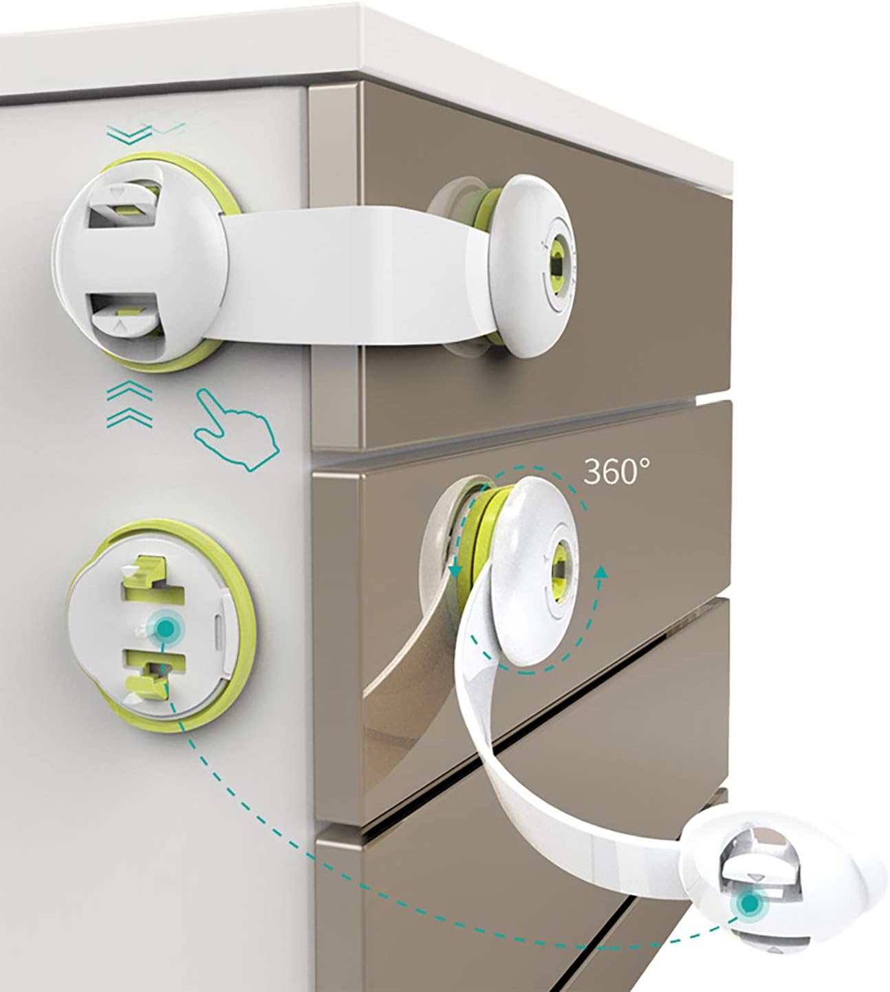 Child Proof Safety Cupboard Door Strap Locks Baby Proofing Cabinet Lock with 3M Adhesives Adjustable Strap. 5 Pack