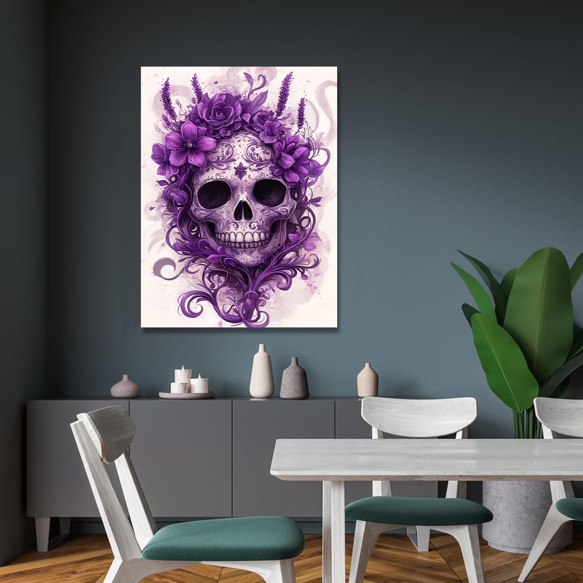 SHENGPOSTER Sztuka ścienna na płótnie gotycka kwiatowa czaszka do salonu lub sypialni Home Decor Boho Nowoczesna sztuka Giclee Print Wall Decor Purple Ready to Hang 55x80cm Innerframe