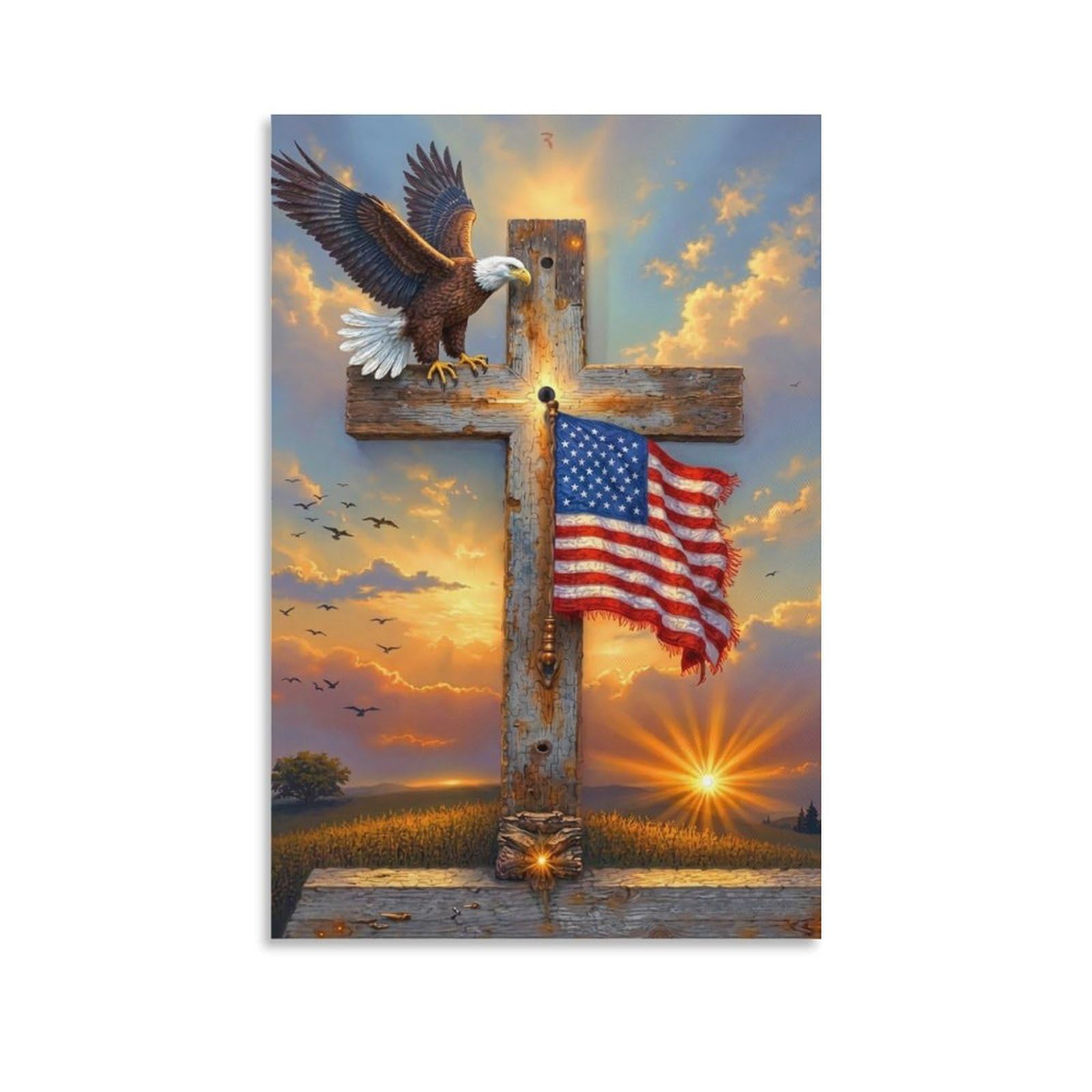 DHBANEIOK Eagle on Cross Flag Poster Artwork Giclee Canvas Prints Modern Wall Art Picture Wall Hanging for Bedroom Living Room Decor 20x30inch(50x75cm)