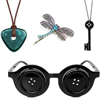 Coraline Button Glasses Key Necklace Emerald Necklace Dragonfly Hair Clip Combo Set