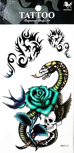 Miniatura 2 de Tatuajes 2 hojas azul rosa serpiente dragón calavera ala temporal tatuajes arte corporal pegatinas falsas impermeables extraíbles