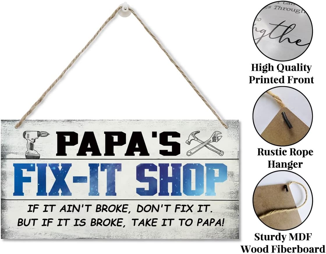 Vintage Style Sign, Papa's Fix-It Shop If It Ain't Broke, Don't Fix It. But If It Is Broke, Take It To Papa! Hanging Wood Sign Home Decorative, Printed Wood Wall Art Sign, Gift for Grandpa 12x6 in - Image 5