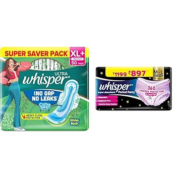 Whisper Ultra Upto No Gap No Leaks* Sanitary Pads, 50 XL+ Pads, For Heavy Flow Protection, With CU | Whisper Super Absorbent Period Panty, 18 M-L Pants, 360 Degree Leakage Protection* for Heavy Flow,